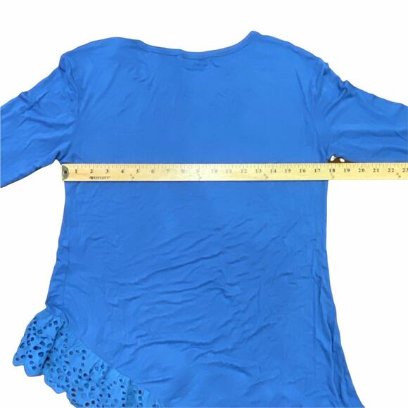 Blue Tunic Shirt Top with Asymmetrical Ruffled Eyelet Hem 3/4 Sleeves Size Large - Picture 7 of 12